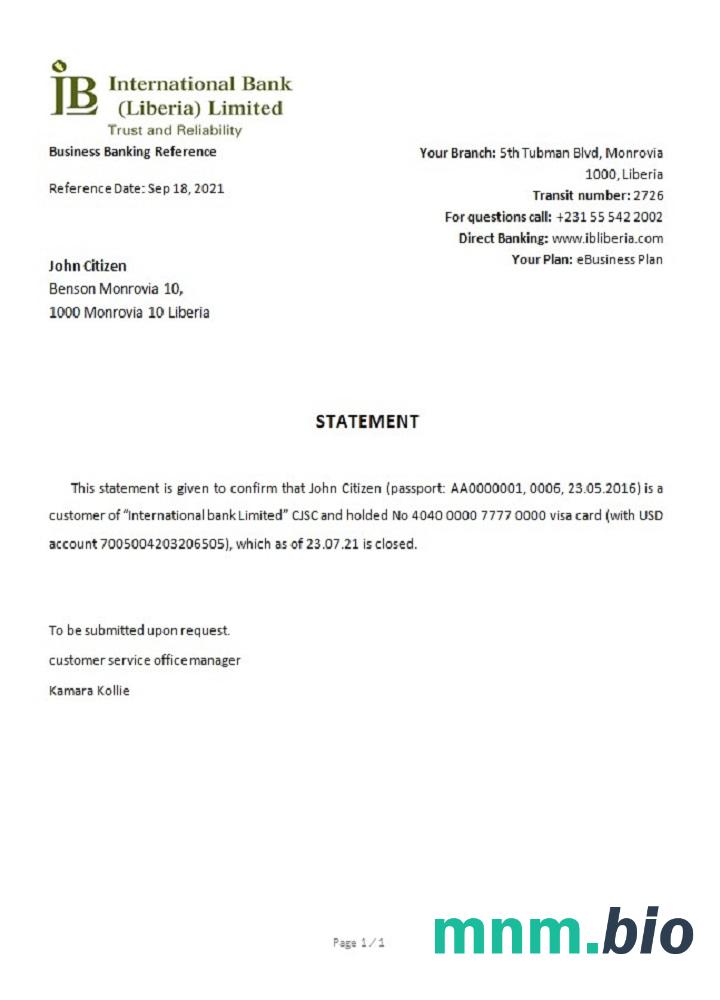 Liberia Ib International Bank closure reference example in Word and PDF formats